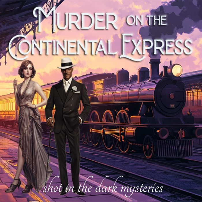 1080 x 1080 Cover for Murder on the Continental Express, a train mystery party game from Shot In The Dark Mysteries