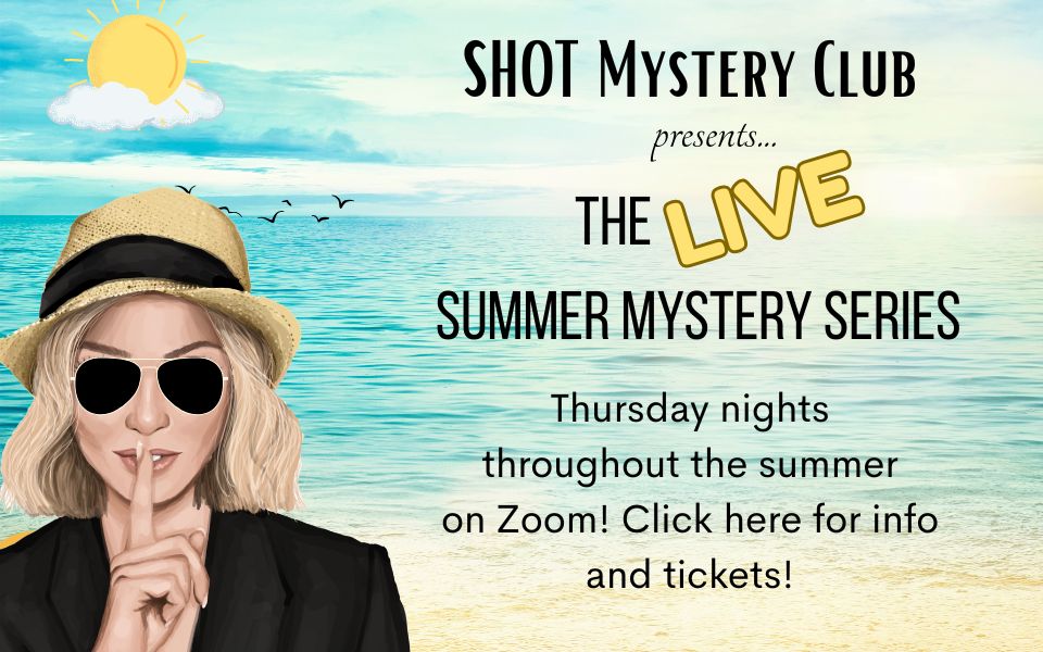 An image for the online murder mystery party series, SHOT Mystery Club