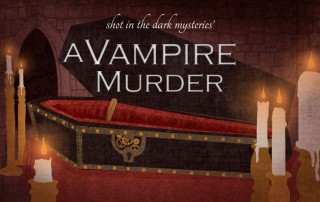 Book cover for 'Vampire Murder' featuring a coffin surrounded by lit candles in a dark red setting, with the tagline 'shot in the dark mysteries'.
