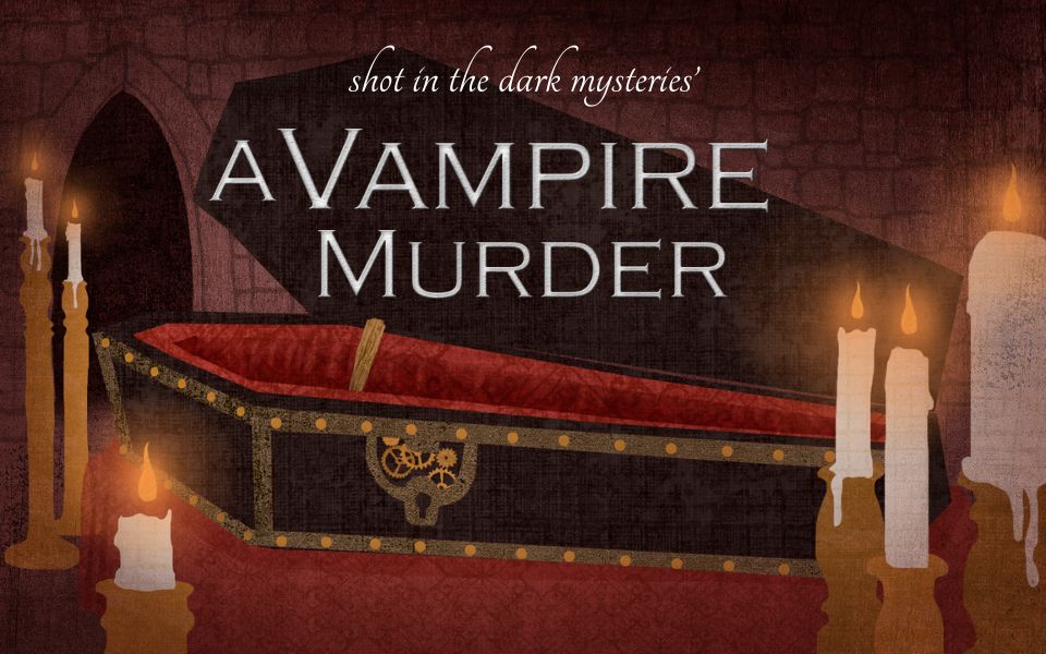 Book cover for 'Vampire Murder' featuring a coffin surrounded by lit candles in a dark red setting, with the tagline 'shot in the dark mysteries'.