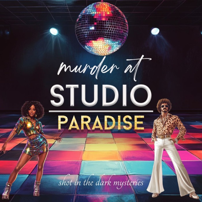 1080x1080 Cover for Murder at Studio Paradise, a disco themed mystery party game from Shot In The Dark Mysteries