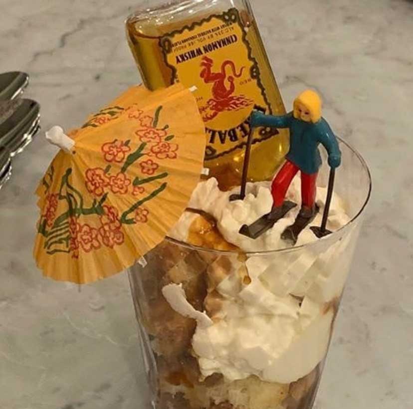 Fireball Whiskey in a ski themed drink from Murder in the Alps