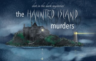 Poster for 'The Haunted Island Murders' showing a dark island with a house and lighthouse, foggy blue ocean background.