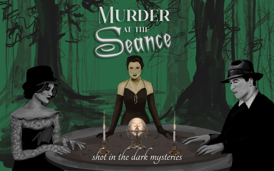 The cover for Murder at the Seance, an interactive murder mystery party game from Shot In The Dark Mysteries