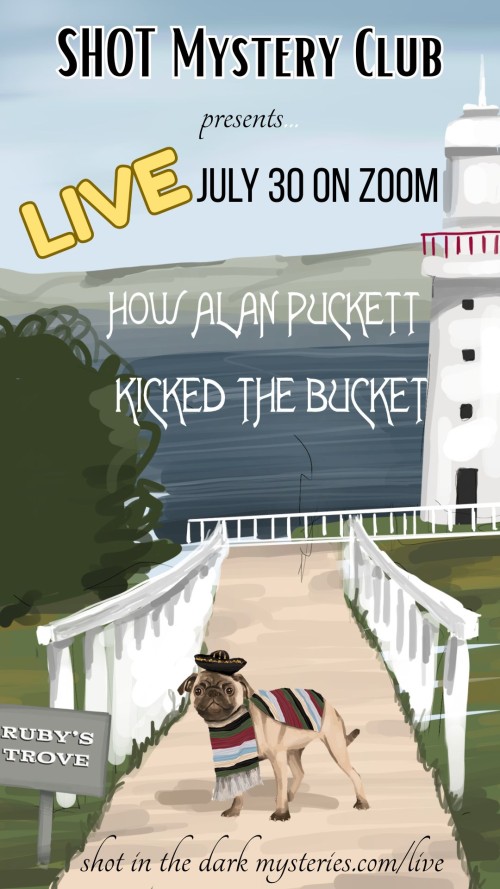 Poster for Shot Mystery Club's live online event: coastal scene with lighthouse, bridge, and a dog in a poncho, plus event text.