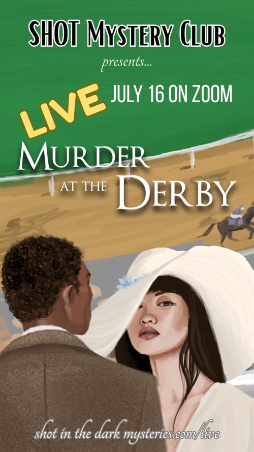 Poster for a live murder mystery event titled 'Murder at the Derby,' featuring a couple in wedding attire with a horse race backdrop and a green banner at the top.