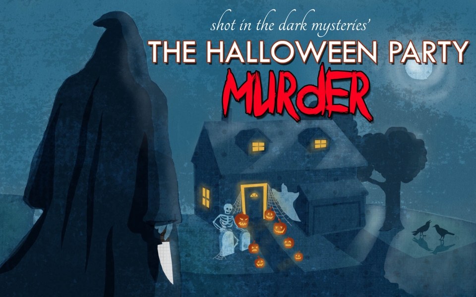 The cover image for The Halloween Party Murder, an interactive murder mystery party game from Shot In The Dark Mysteries