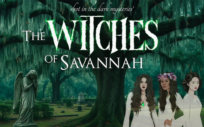 The cover image for The Witches of Savannah, a murder mystery party game kit from Shot In The Dark Mysteries