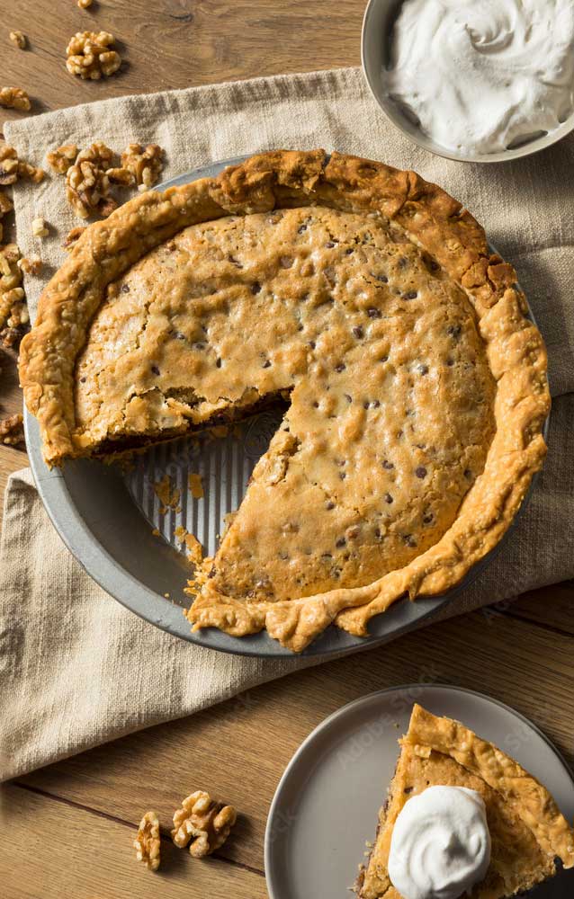 An image of a walnut or pecan chocolate derby pie for a derby theme party